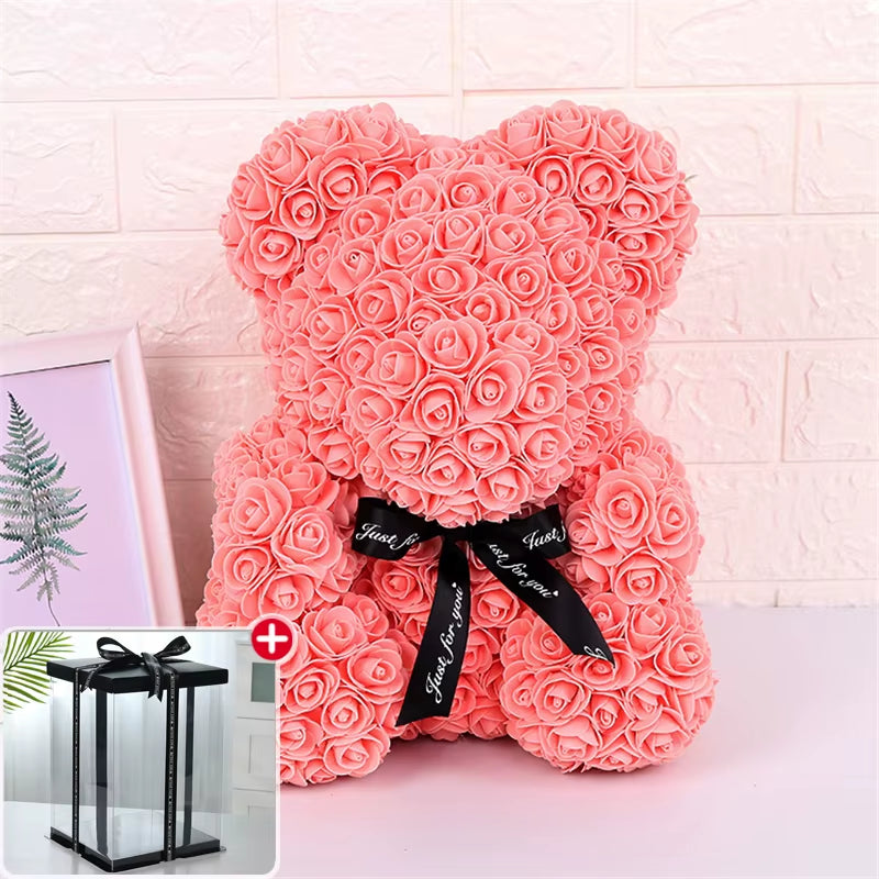 25Cm Valentines Day Gift Red Rose Teddy Bear Rose Flower Artificial Decoration Lover Gift Valentines Gift Gift Box Dropshipping